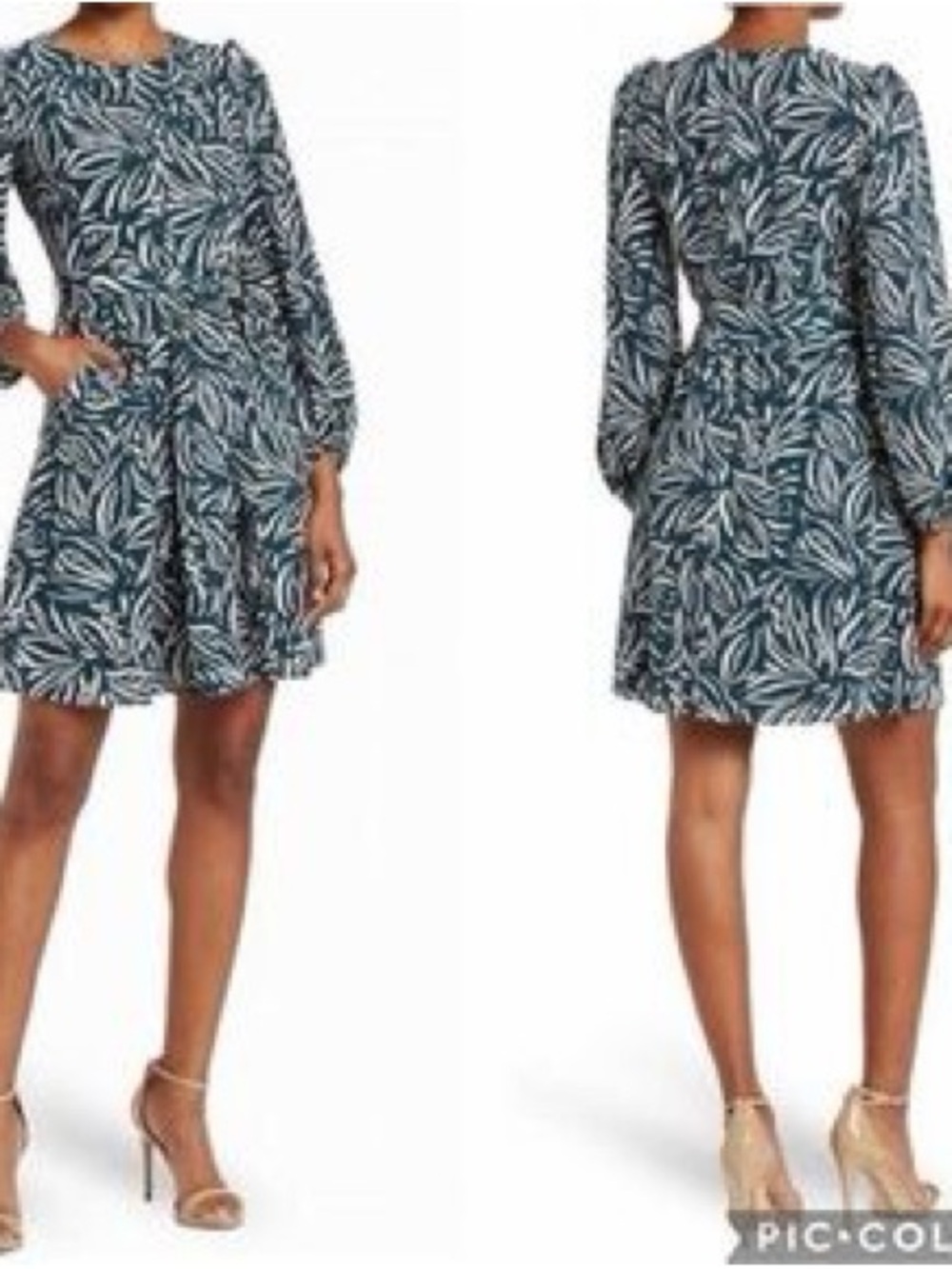 Chelsea28 Long Sleeve Teal Leaf-Print Mini Dress